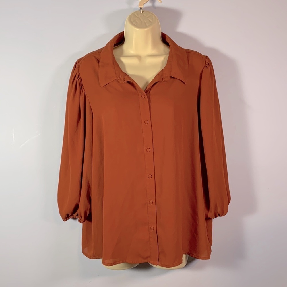 Nanette Leopre size XL rust orange Flowy puff sleeve button down blouse autumn